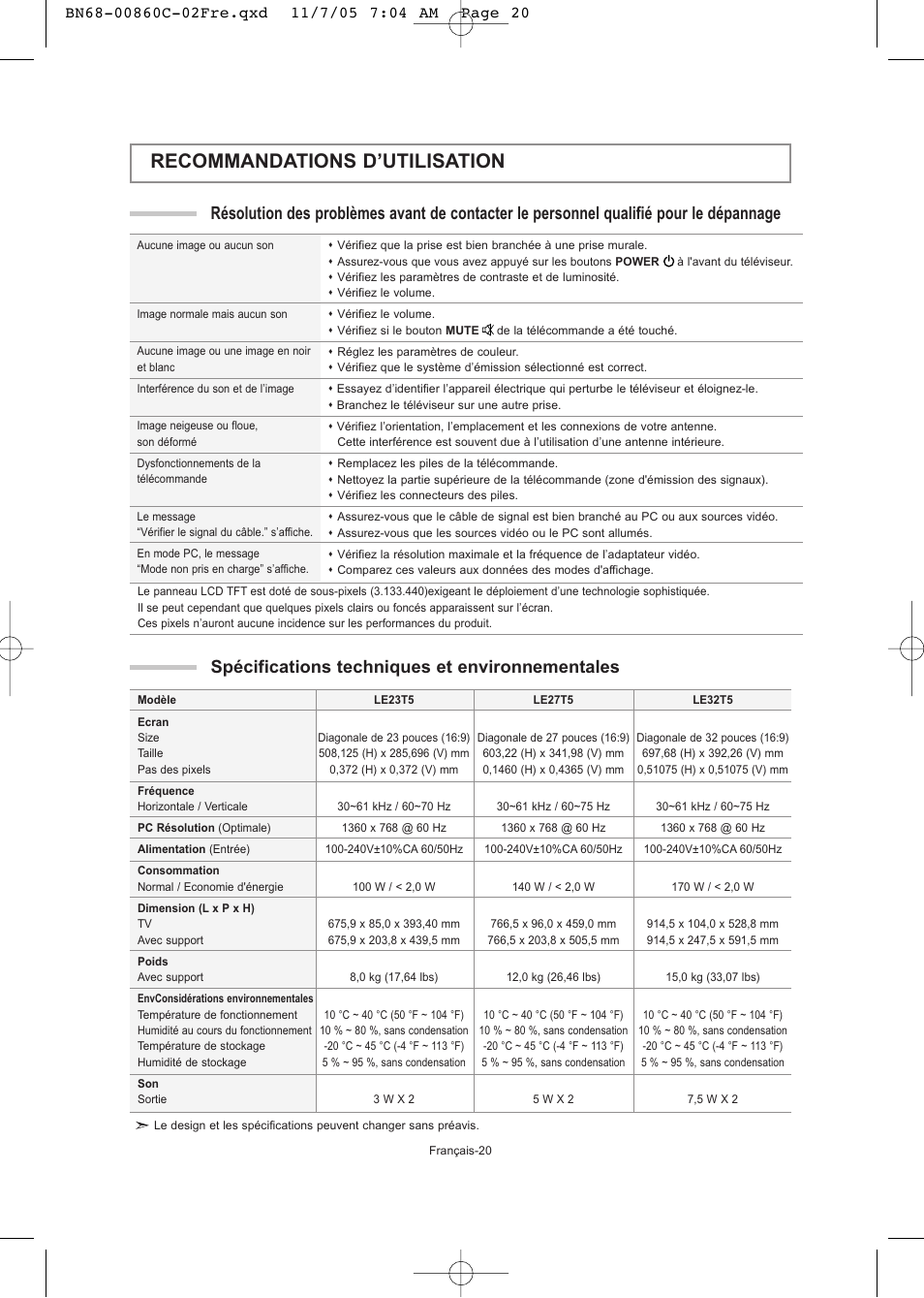 Recommandations d’utilisation, Spécifications techniques et environnementales | Samsung LE32T51S User Manual | Page 42 / 147