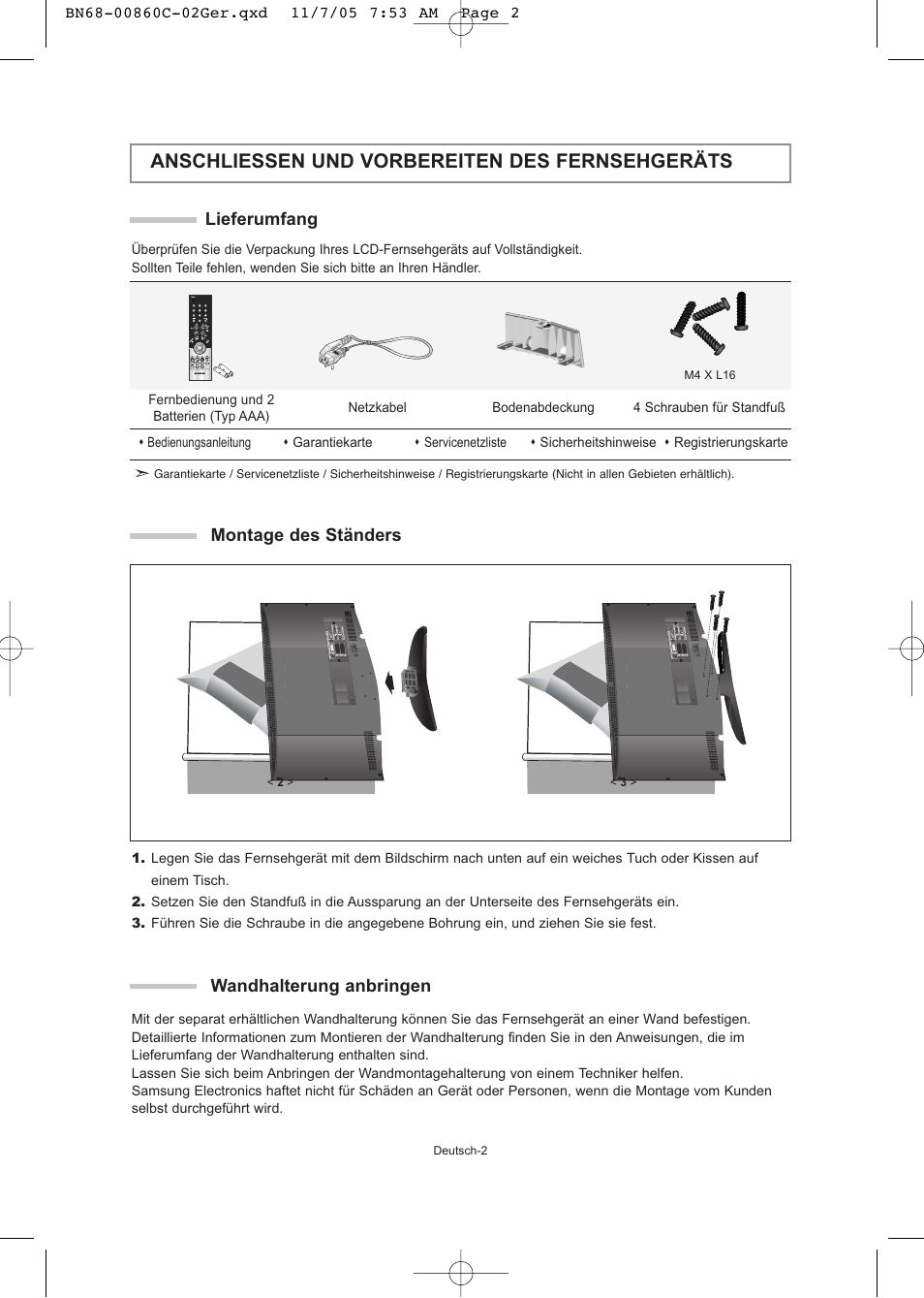 Anschliessen und vorbereiten des fernsehgeräts, Lieferumfang, Montage des ständers | Wandhalterung anbringen | Samsung LE32T51S User Manual | Page 44 / 147