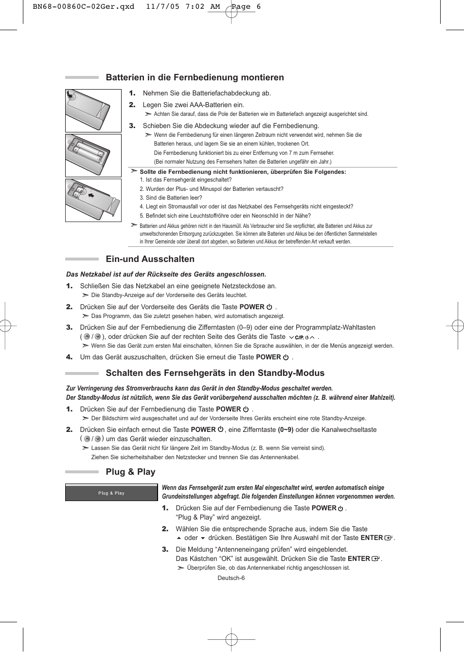 Plug & play, Batterien in die fernbedienung montieren | Samsung LE32T51S User Manual | Page 48 / 147