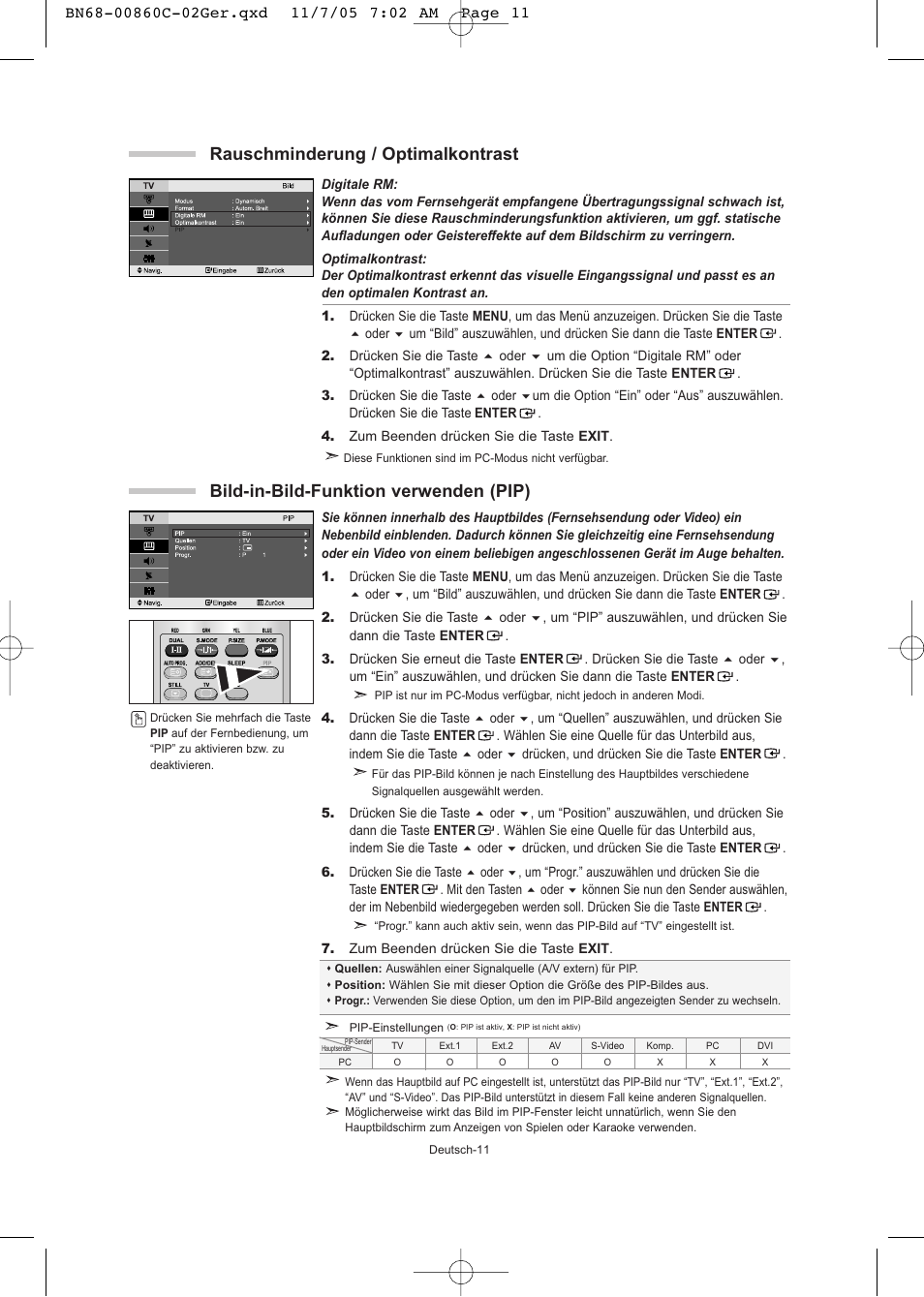 Bild-in-bild-funktion verwenden (pip), Rauschminderung / optimalkontrast | Samsung LE32T51S User Manual | Page 53 / 147