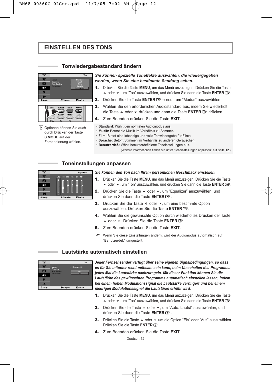 Einstellen des tons, Lautstärke automatisch einstellen, Toneinstellungen anpassen | Tonwiedergabestandard ändern | Samsung LE32T51S User Manual | Page 54 / 147