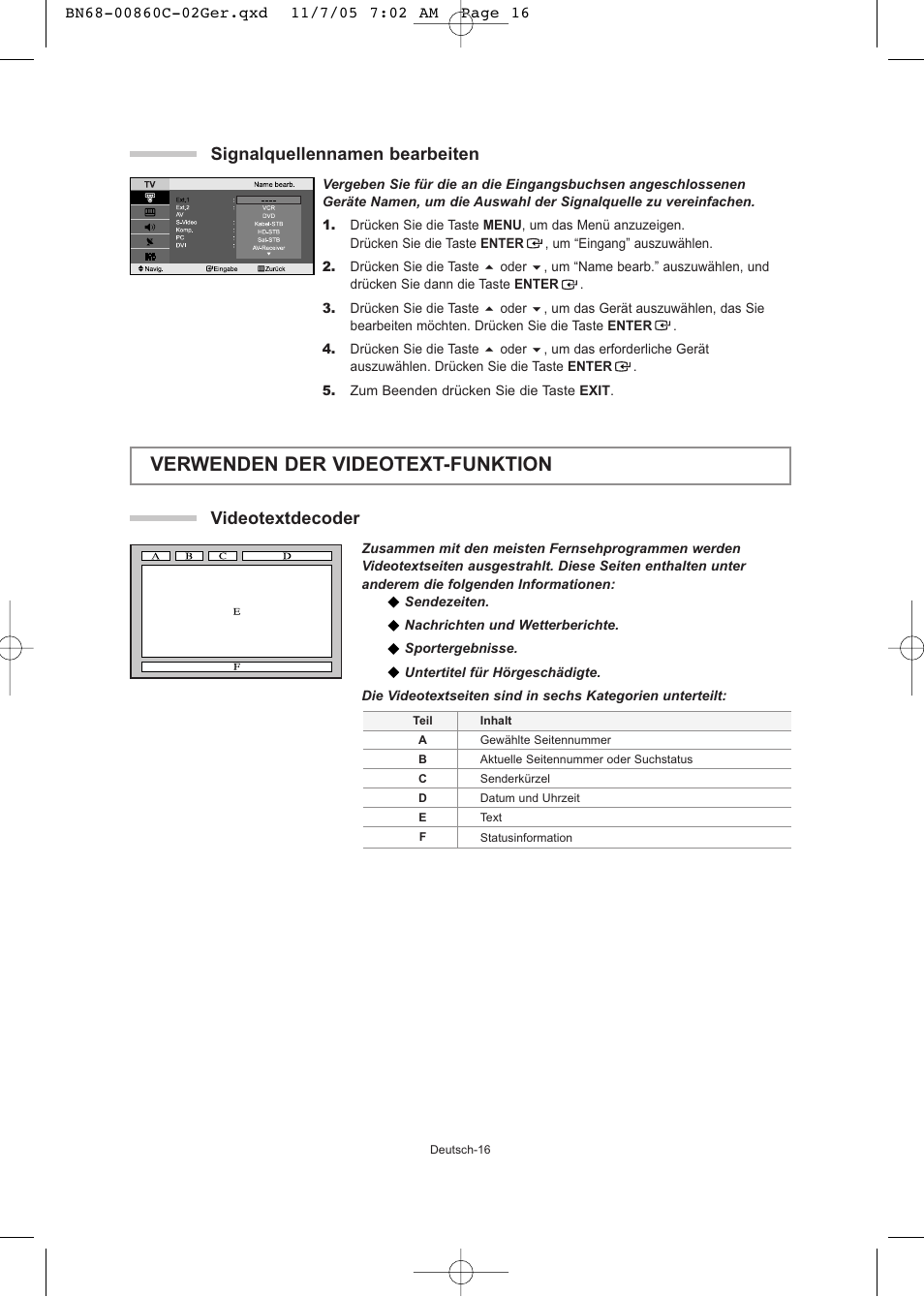 Verwenden der videotext-funktion, Videotextdecoder, Signalquellennamen bearbeiten | Samsung LE32T51S User Manual | Page 58 / 147