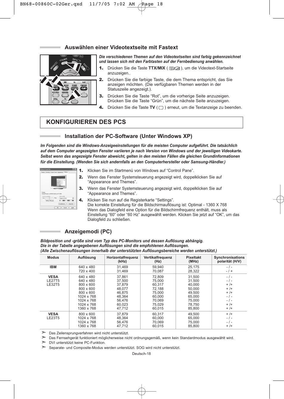 Konfigurieren des pcs, Auswählen einer videotextseite mit fastext, Installation der pc-software (unter windows xp) | Anzeigemodi (pc) | Samsung LE32T51S User Manual | Page 60 / 147