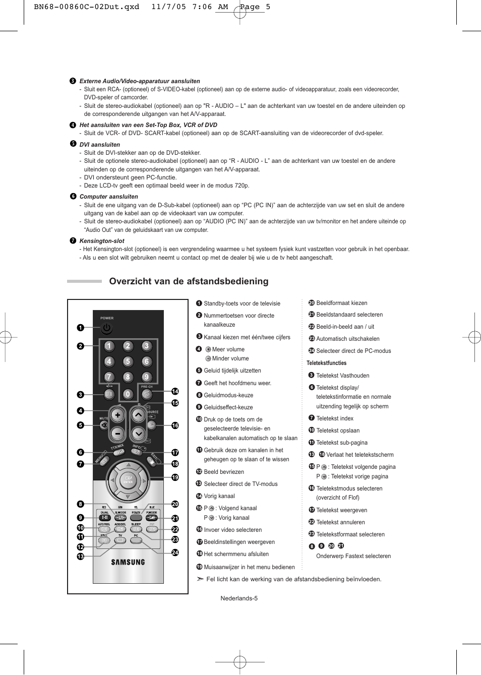 Overzicht van de afstandsbediening | Samsung LE32T51S User Manual | Page 67 / 147