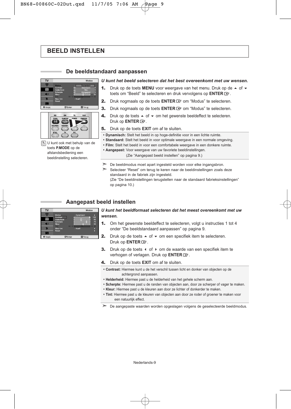 Beeld instellen, De beeldstandaard aanpassen, Aangepast beeld instellen | Samsung LE32T51S User Manual | Page 71 / 147