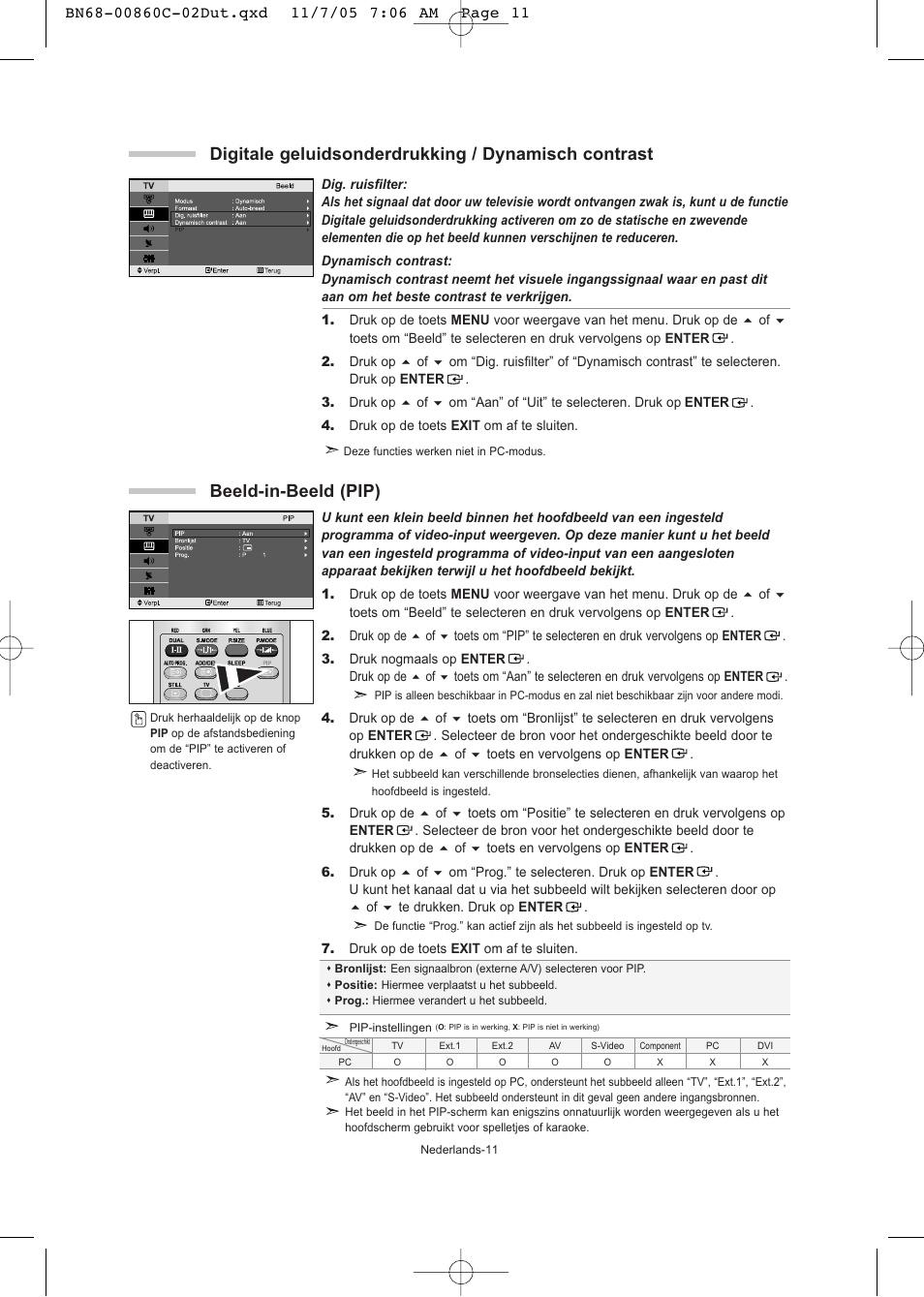 Beeld-in-beeld (pip), Digitale geluidsonderdrukking / dynamisch contrast | Samsung LE32T51S User Manual | Page 73 / 147