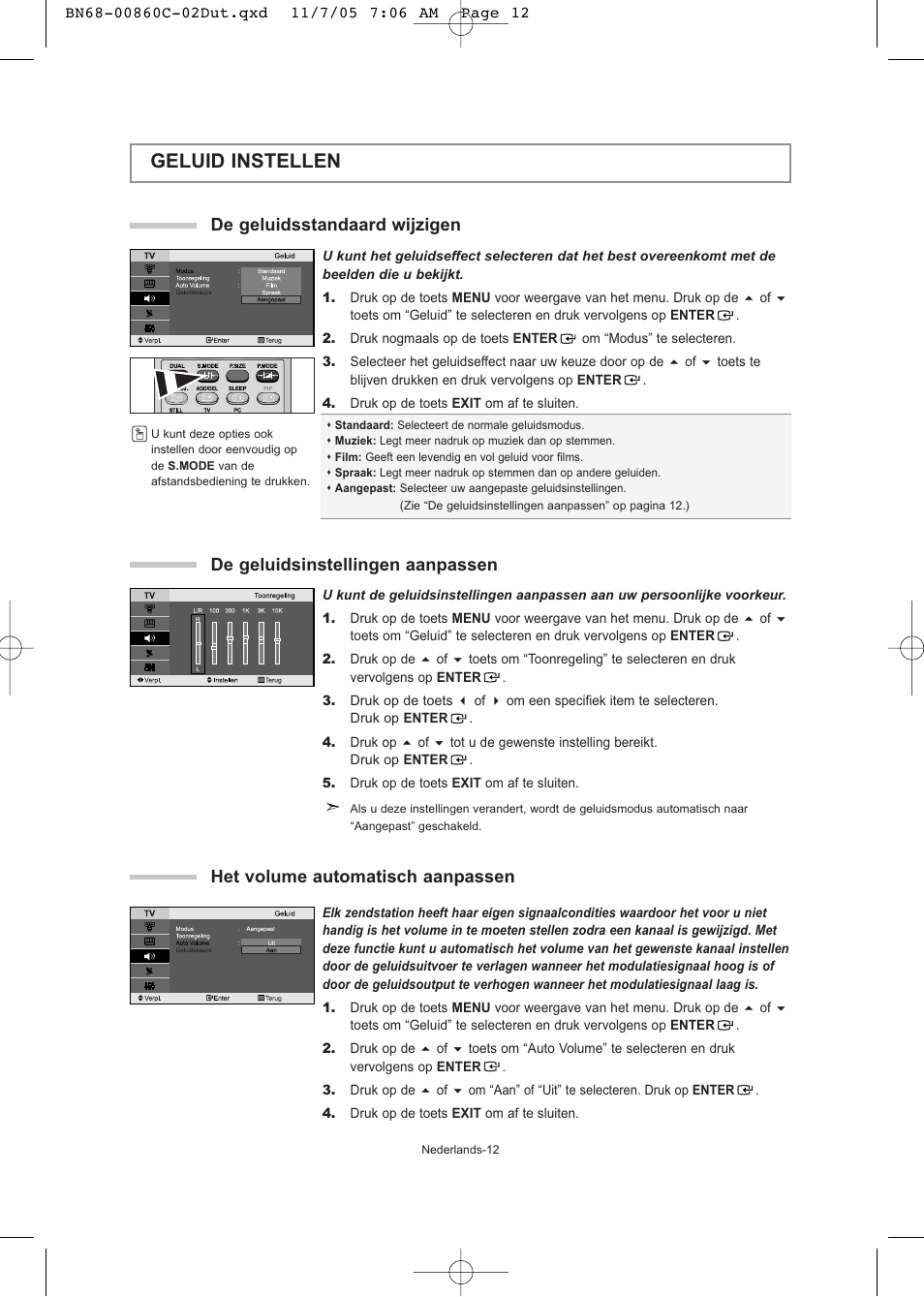 Geluid instellen, Het volume automatisch aanpassen, De geluidsinstellingen aanpassen | De geluidsstandaard wijzigen | Samsung LE32T51S User Manual | Page 74 / 147