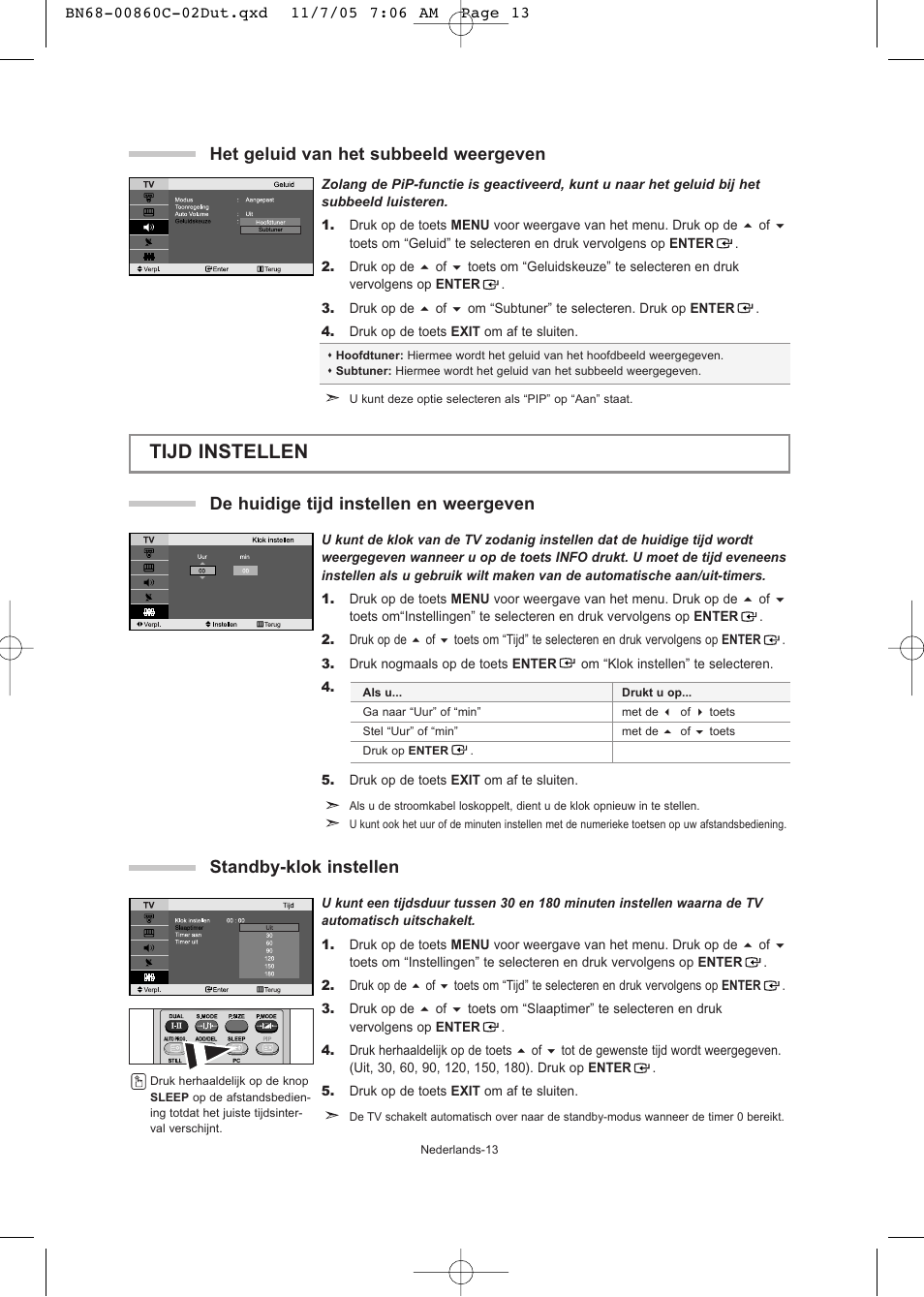 Tijd instellen, Het geluid van het subbeeld weergeven, De huidige tijd instellen en weergeven | Standby-klok instellen | Samsung LE32T51S User Manual | Page 75 / 147