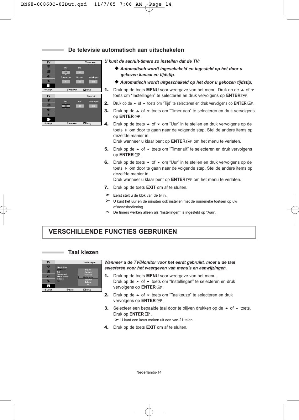 Verschillende functies gebruiken, De televisie automatisch aan uitschakelen, Taal kiezen | Samsung LE32T51S User Manual | Page 76 / 147