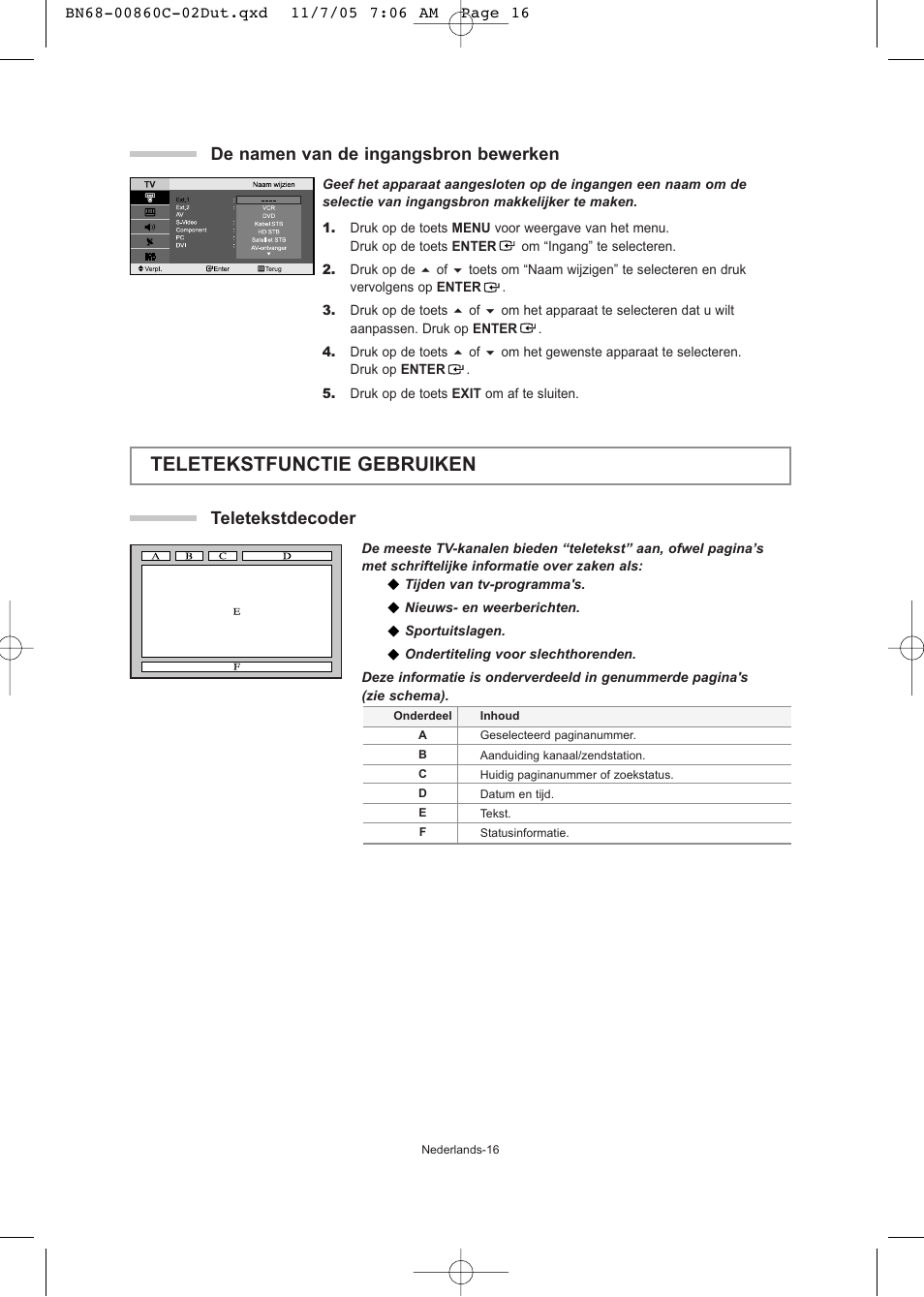 Teletekstfunctie gebruiken, Teletekstdecoder, De namen van de ingangsbron bewerken | Samsung LE32T51S User Manual | Page 78 / 147