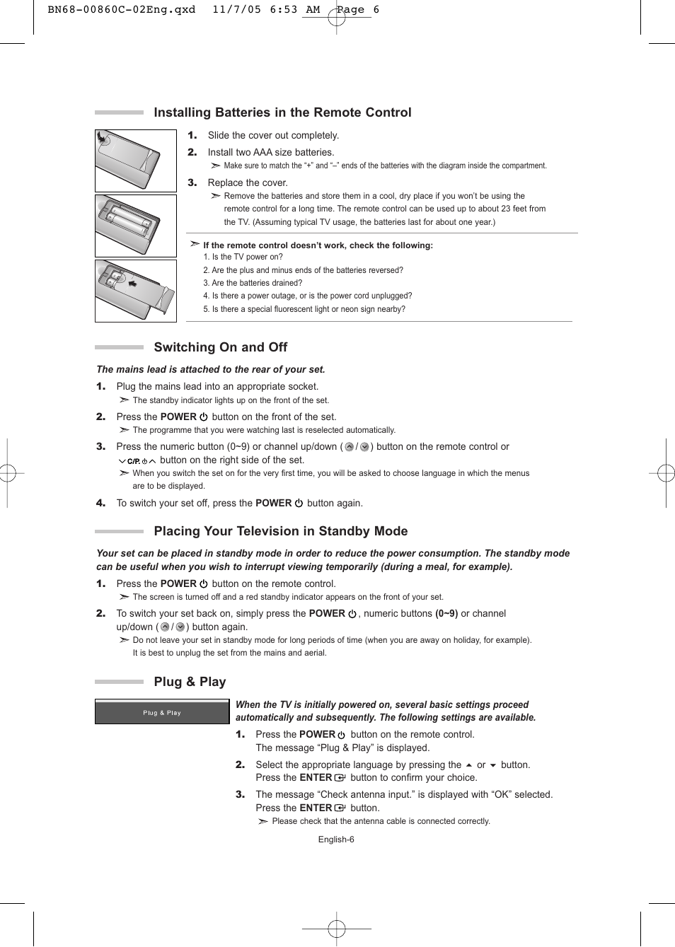 Installing batteries in the remote control, Switching on and off, Placing your television in standby mode | Plug & play | Samsung LE32T51S User Manual | Page 8 / 147