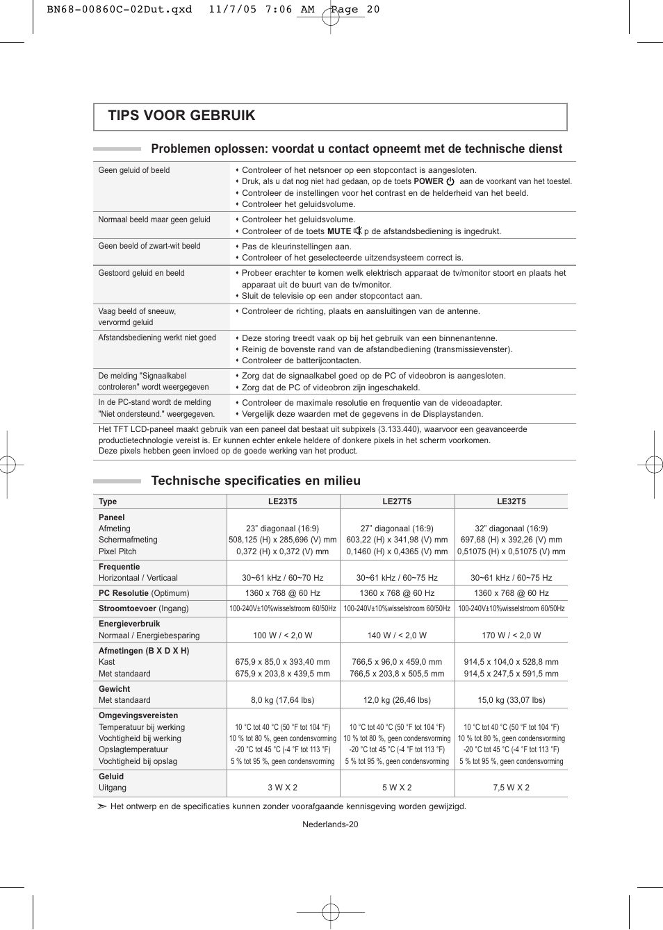 Tips voor gebruik, Technische specificaties en milieu | Samsung LE32T51S User Manual | Page 82 / 147