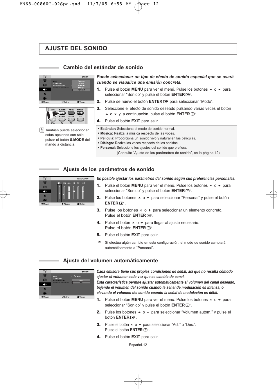 Ajuste del sonido, Ajuste del volumen automáticamente, Ajuste de los parámetros de sonido | Cambio del estándar de sonido | Samsung LE32T51S User Manual | Page 94 / 147