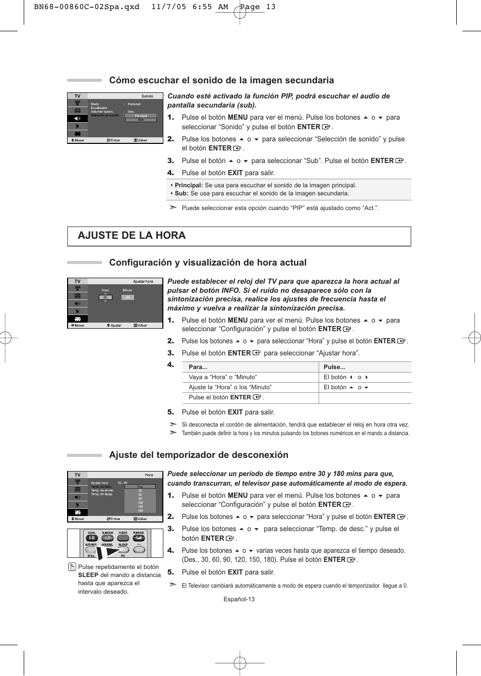 Ajuste de la hora, Cómo escuchar el sonido de la imagen secundaria, Configuración y visualización de hora actual | Ajuste del temporizador de desconexión | Samsung LE32T51S User Manual | Page 95 / 147