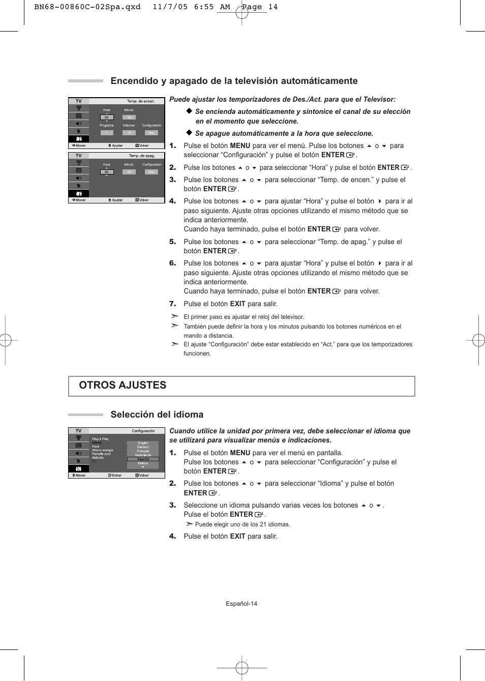 Otros ajustes, Selección del idioma | Samsung LE32T51S User Manual | Page 96 / 147