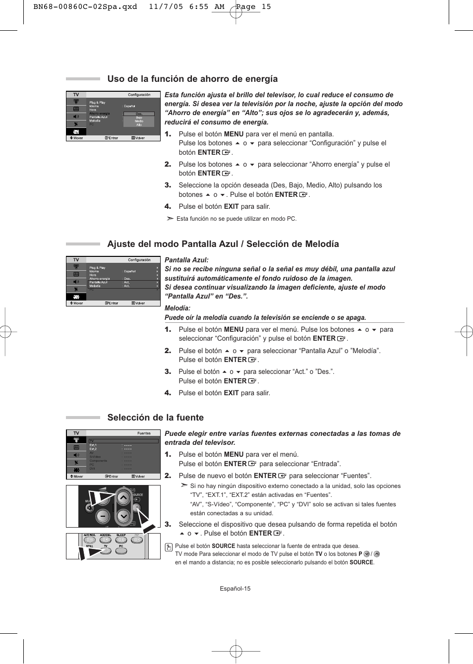 Uso de la función de ahorro de energía, Selección de la fuente | Samsung LE32T51S User Manual | Page 97 / 147