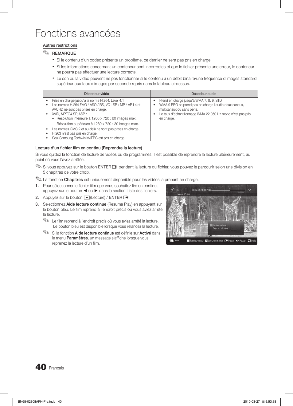 Fonctions avancées | Samsung LE40C750R2W User Manual | Page 101 / 245