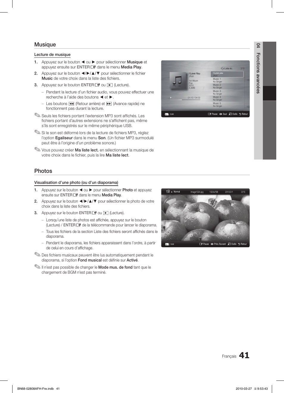 Musique, Photos | Samsung LE40C750R2W User Manual | Page 102 / 245