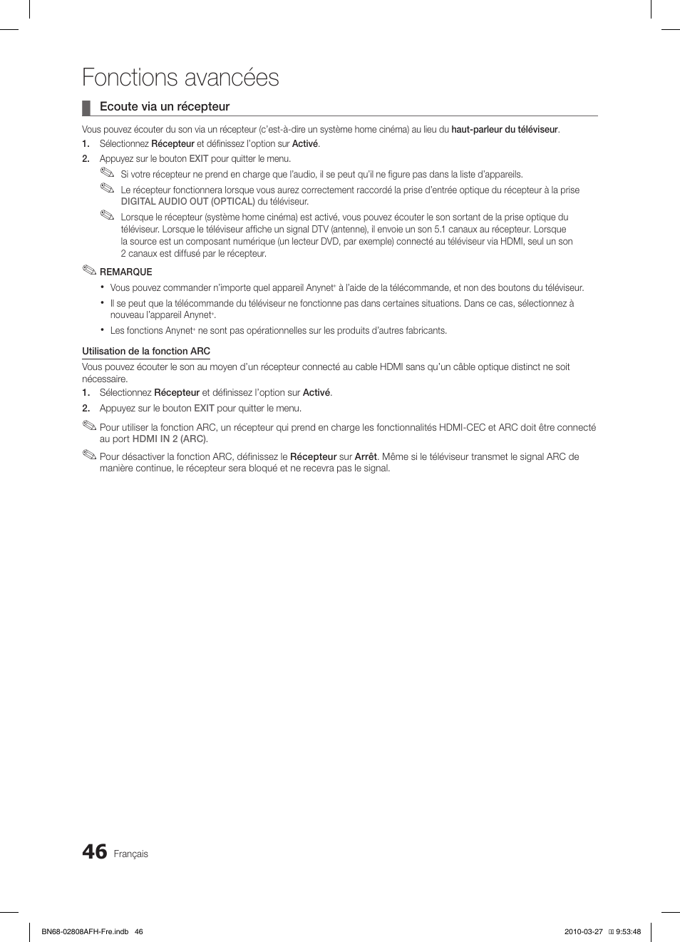 Fonctions avancées | Samsung LE40C750R2W User Manual | Page 107 / 245