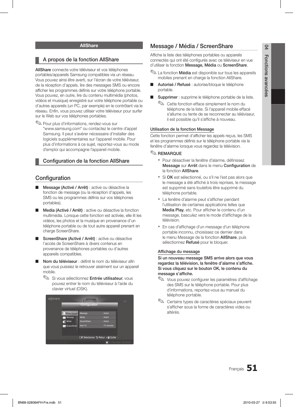 Configuration, Message / média / screenshare | Samsung LE40C750R2W User Manual | Page 112 / 245