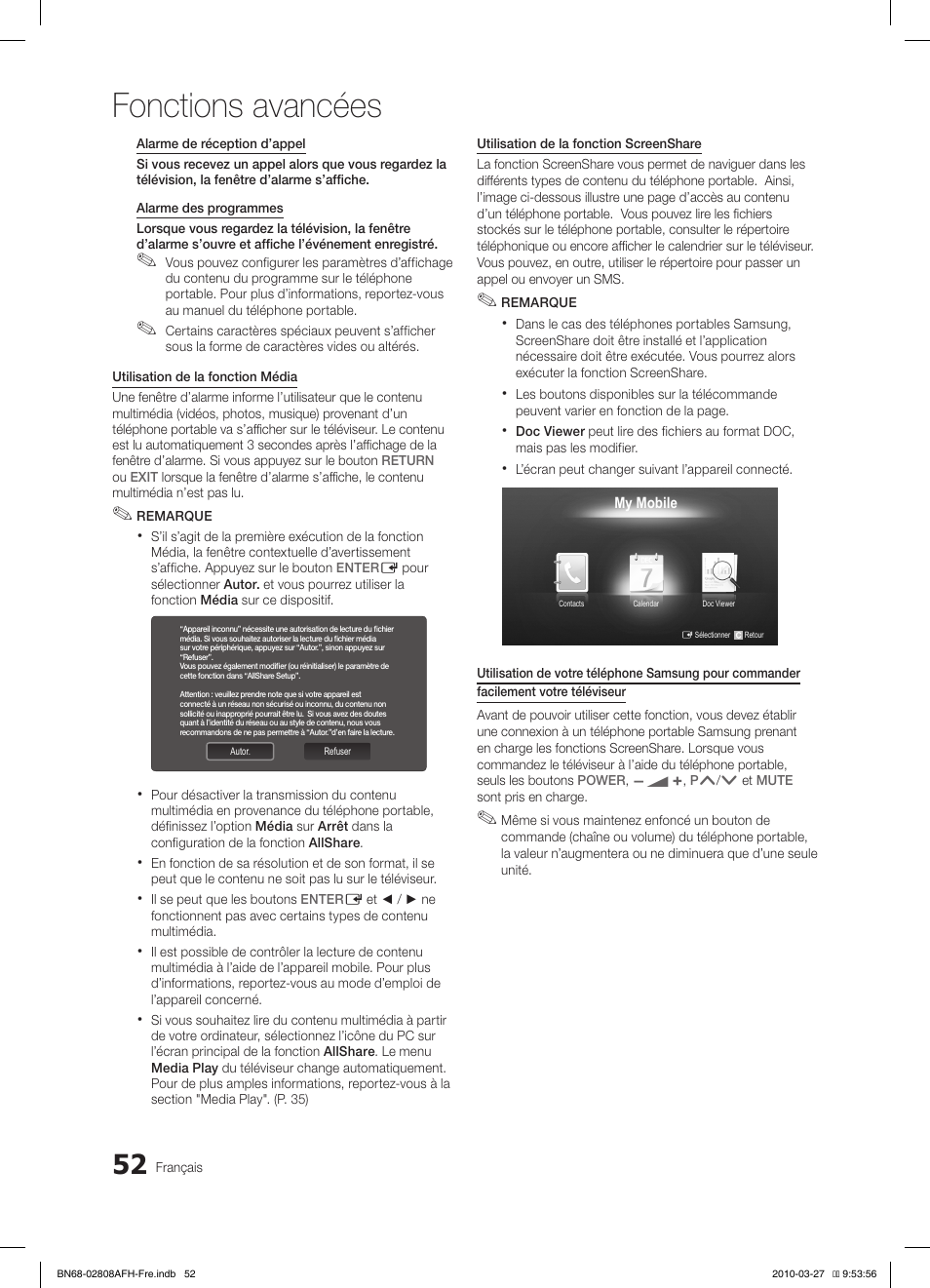 Fonctions avancées | Samsung LE40C750R2W User Manual | Page 113 / 245