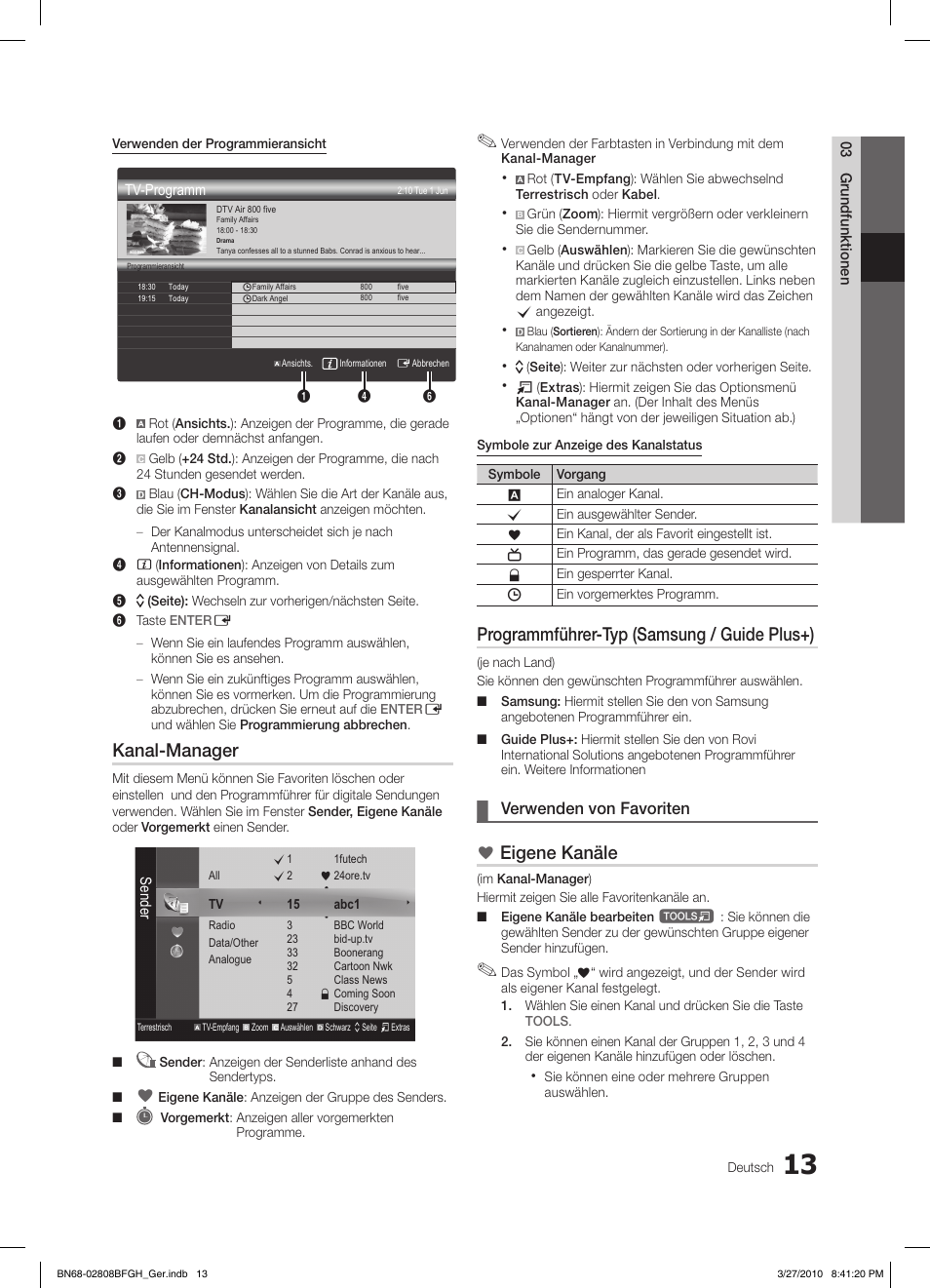 Kanal-manager, Programmführer-typ (samsung / guide plus+), Eigene kanäle | Verwenden von favoriten | Samsung LE40C750R2W User Manual | Page 135 / 245