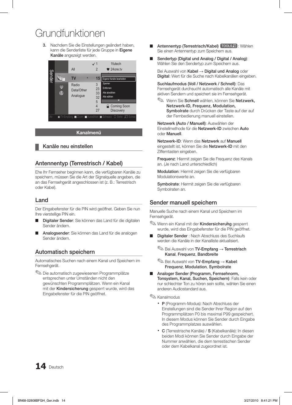 Grundfunktionen, Antennentyp (terrestrisch / kabel), Land | Automatisch speichern, Sender manuell speichern | Samsung LE40C750R2W User Manual | Page 136 / 245