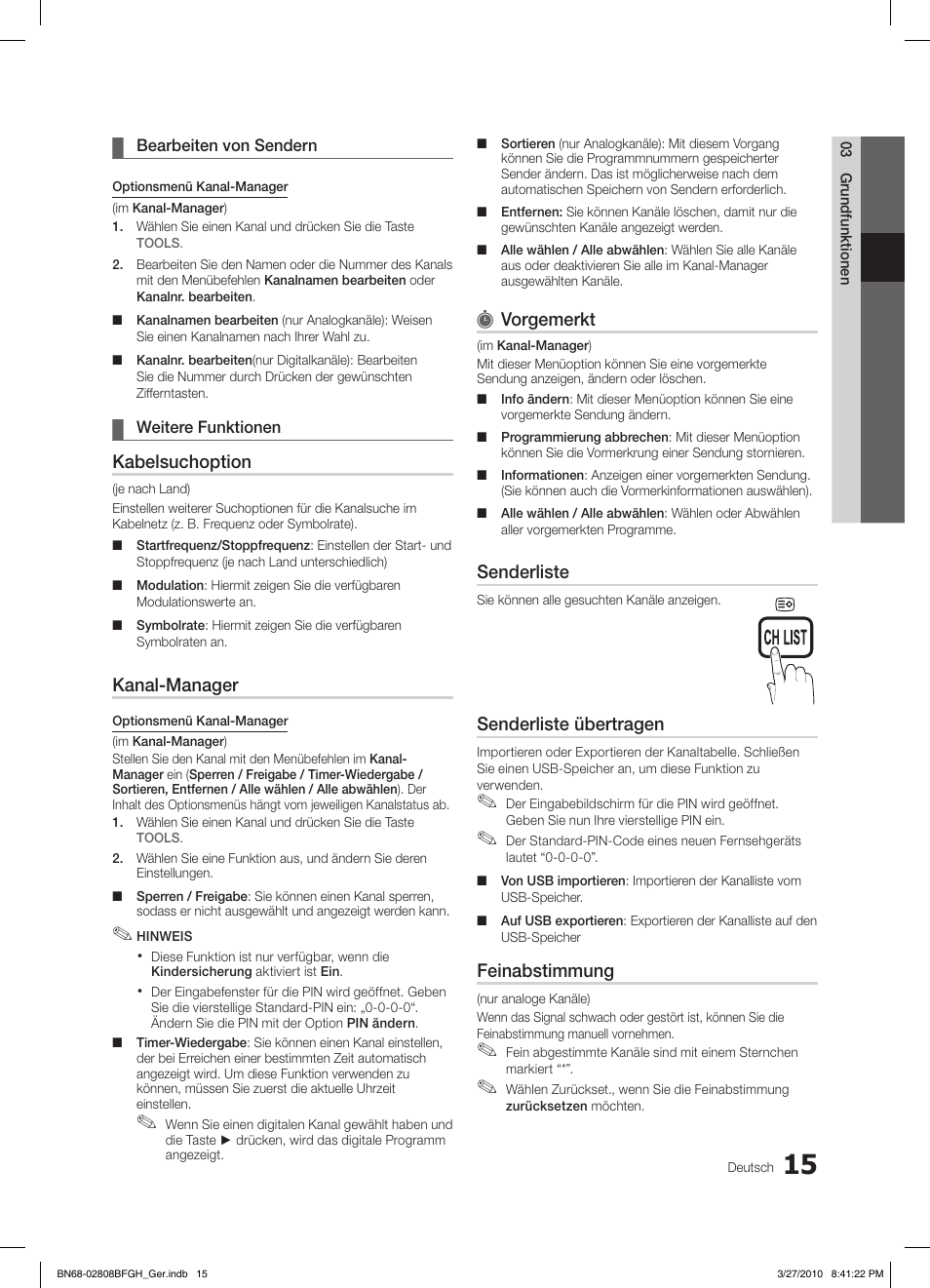 Kabelsuchoption, Kanal-manager, Vorgemerkt | Senderliste, Senderliste übertragen, Feinabstimmung | Samsung LE40C750R2W User Manual | Page 137 / 245