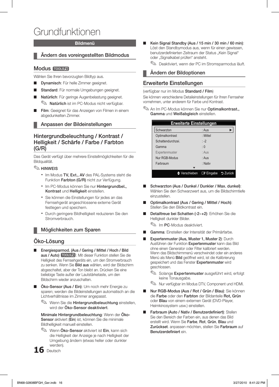 Grundfunktionen, Modus, Öko-lösung | Erweiterte einstellungen | Samsung LE40C750R2W User Manual | Page 138 / 245