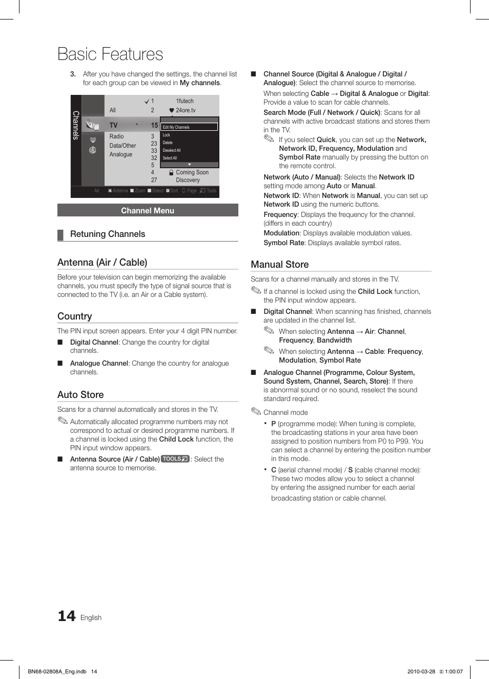 Basic features, Antenna (air / cable), Country | Auto store, Manual store | Samsung LE40C750R2W User Manual | Page 14 / 245