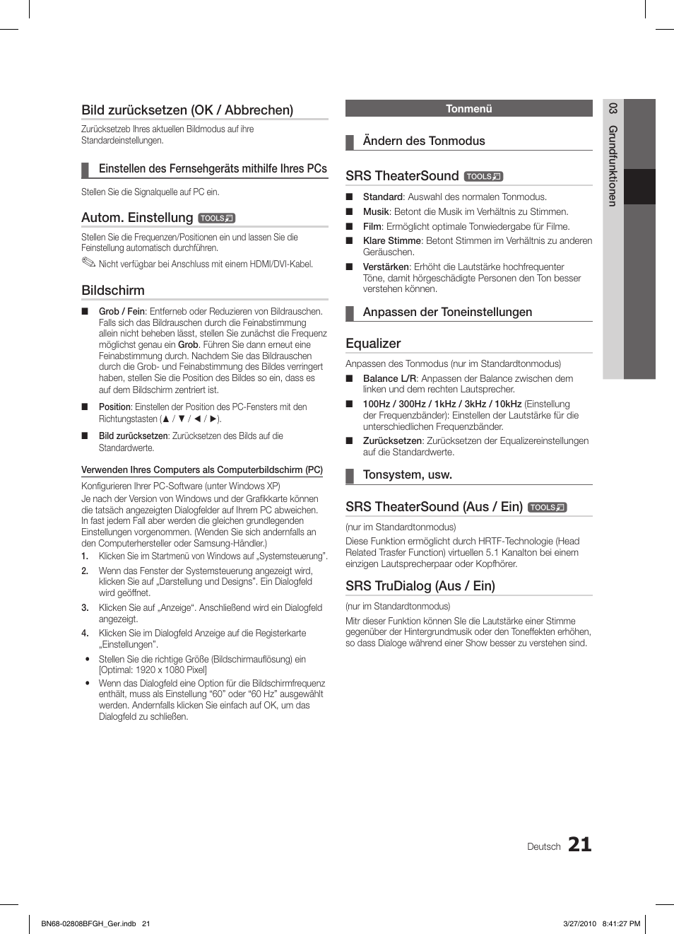 Bild zurücksetzen (ok / abbrechen), Autom. einstellung, Bildschirm | Srs theatersound, Equalizer, Srs theatersound (aus / ein), Srs trudialog (aus / ein) | Samsung LE40C750R2W User Manual | Page 143 / 245