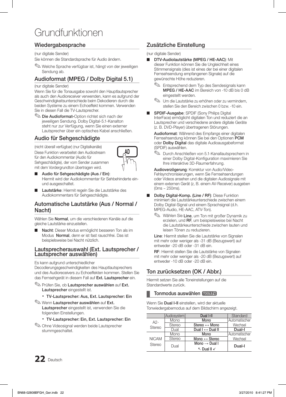 Grundfunktionen, Wiedergabesprache, Audioformat (mpeg / dolby digital 5.1) | Audio für sehgeschädigte, Automatische lautstärke (aus / normal / nacht), Zusätzliche einstellung, Ton zurücksetzen (ok / abbr.) | Samsung LE40C750R2W User Manual | Page 144 / 245