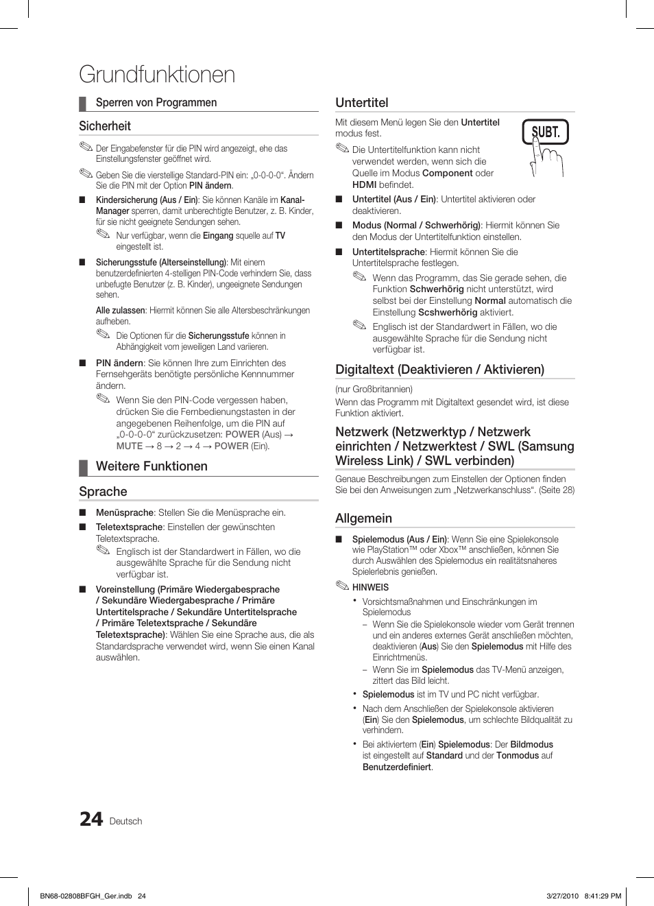 Grundfunktionen, Sicherheit, Weitere funktionen ¦ sprache | Untertitel, Digitaltext (deaktivieren / aktivieren), Allgemein | Samsung LE40C750R2W User Manual | Page 146 / 245