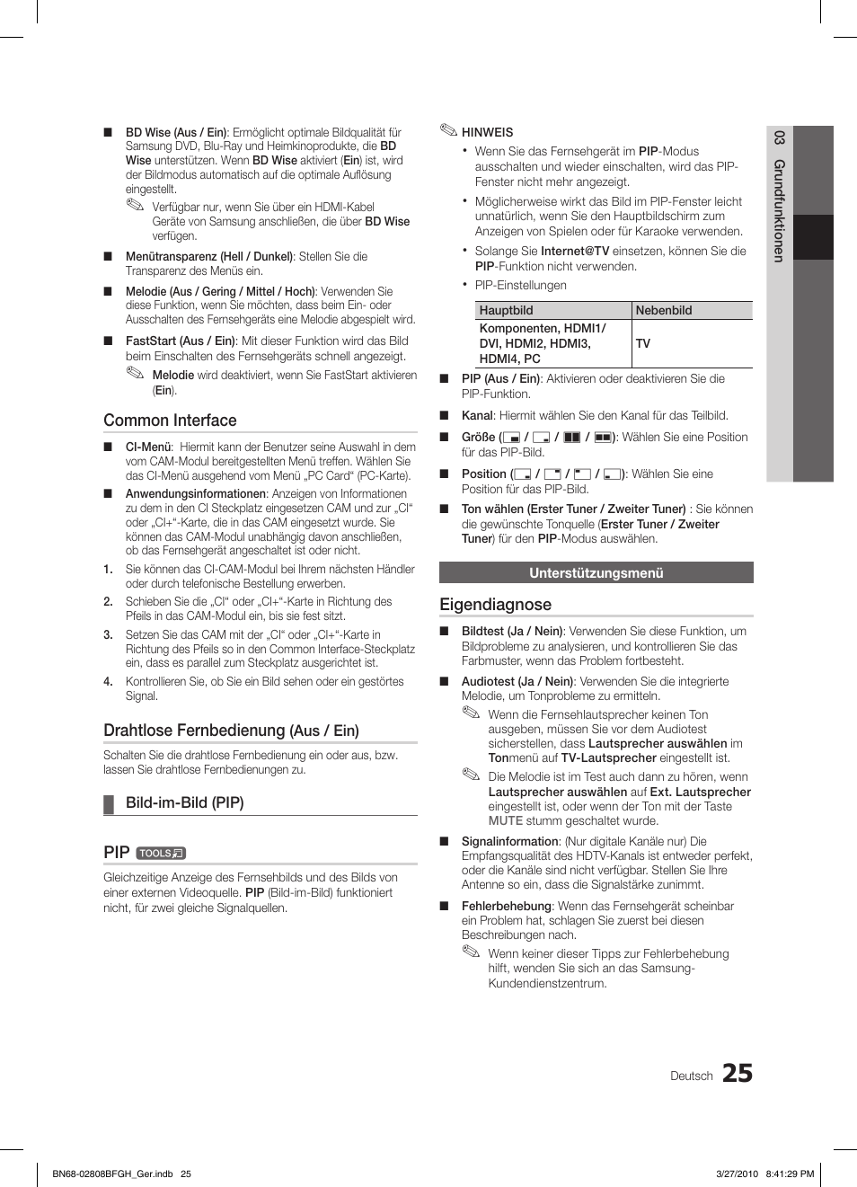 Common interface, Drahtlose fernbedienung, Eigendiagnose | Samsung LE40C750R2W User Manual | Page 147 / 245