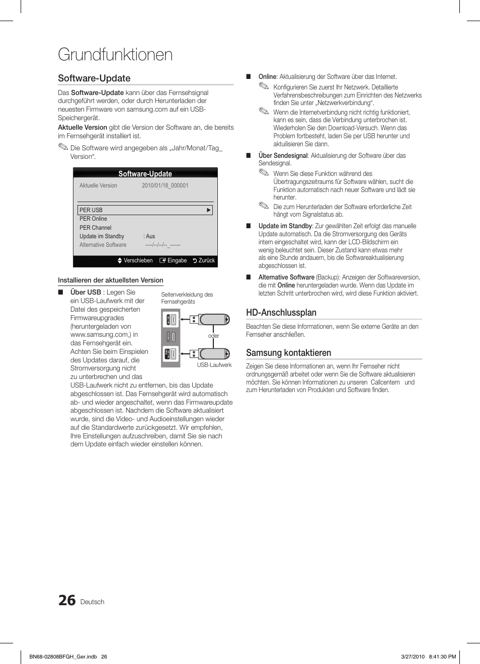 Grundfunktionen, Software-update, Hd-anschlussplan | Samsung kontaktieren | Samsung LE40C750R2W User Manual | Page 148 / 245