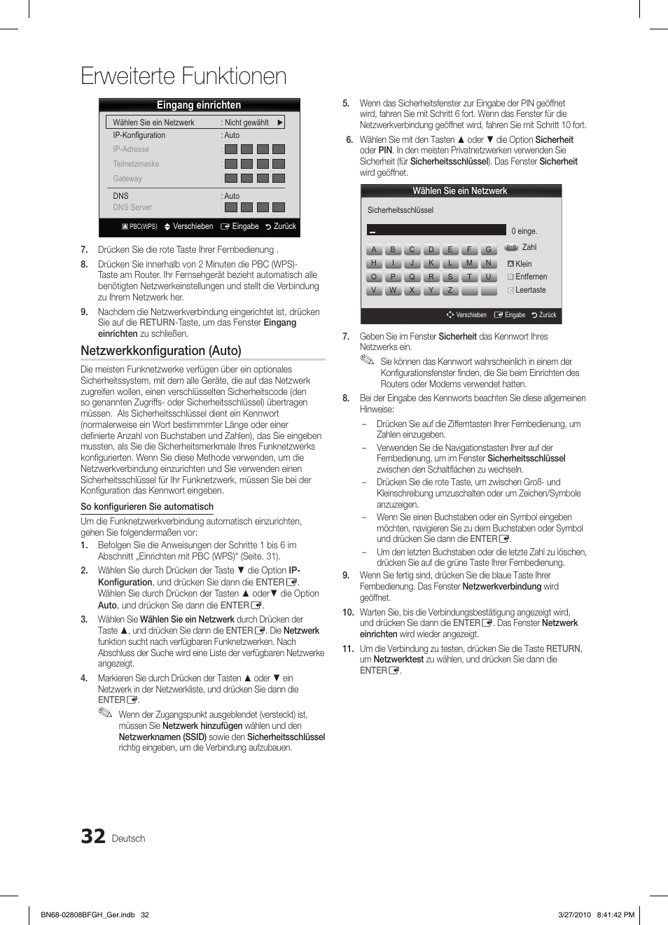 Erweiterte funktionen, Netzwerkkonfiguration (auto) | Samsung LE40C750R2W User Manual | Page 154 / 245