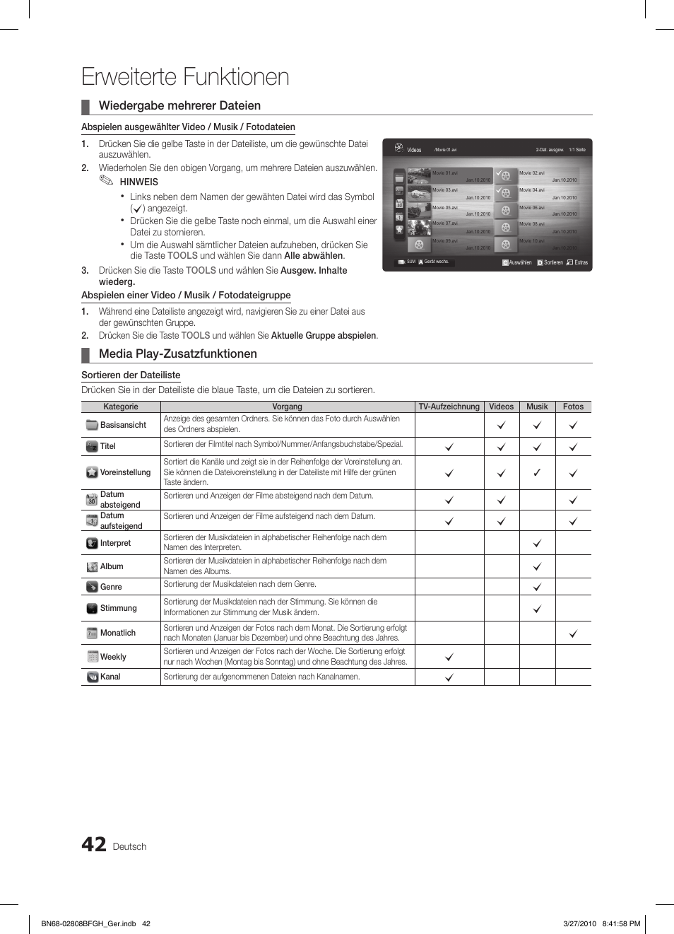 Erweiterte funktionen, Wiedergabe mehrerer dateien, Media play-zusatzfunktionen | Samsung LE40C750R2W User Manual | Page 164 / 245