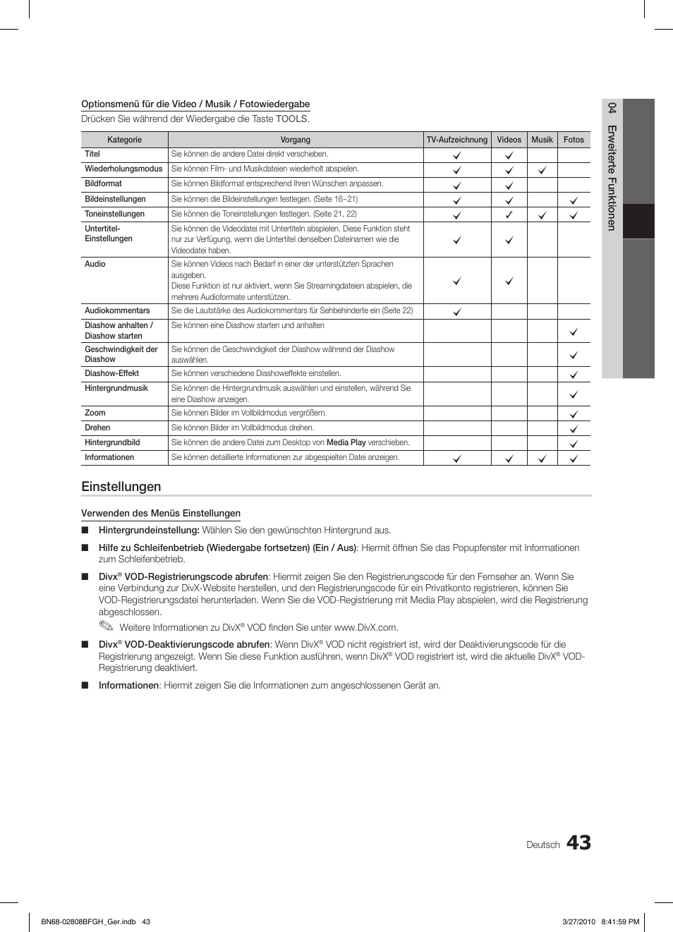 Einstellungen | Samsung LE40C750R2W User Manual | Page 165 / 245