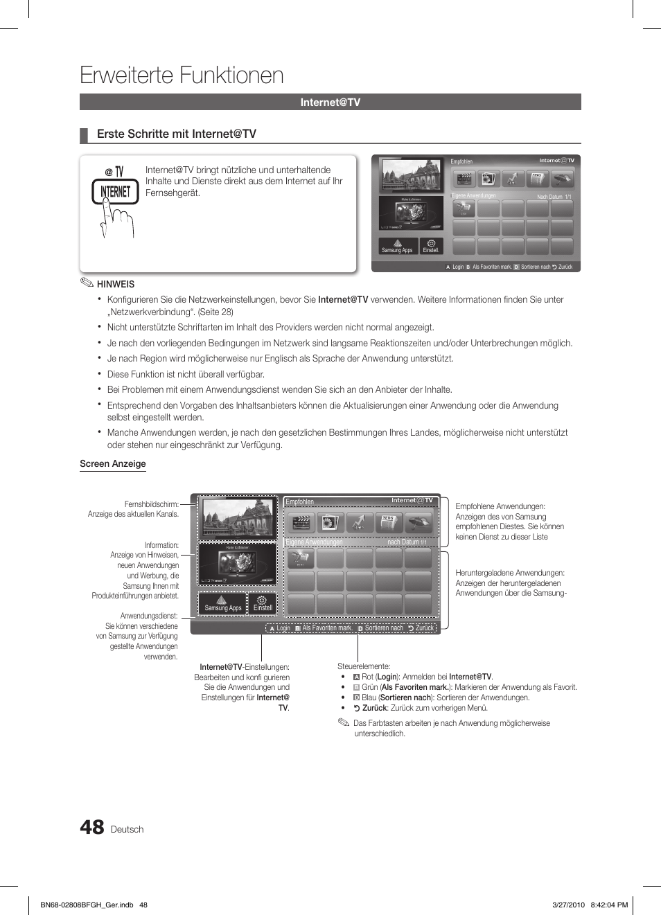 Erweiterte funktionen, Erste schritte mit internet@tv | Samsung LE40C750R2W User Manual | Page 170 / 245