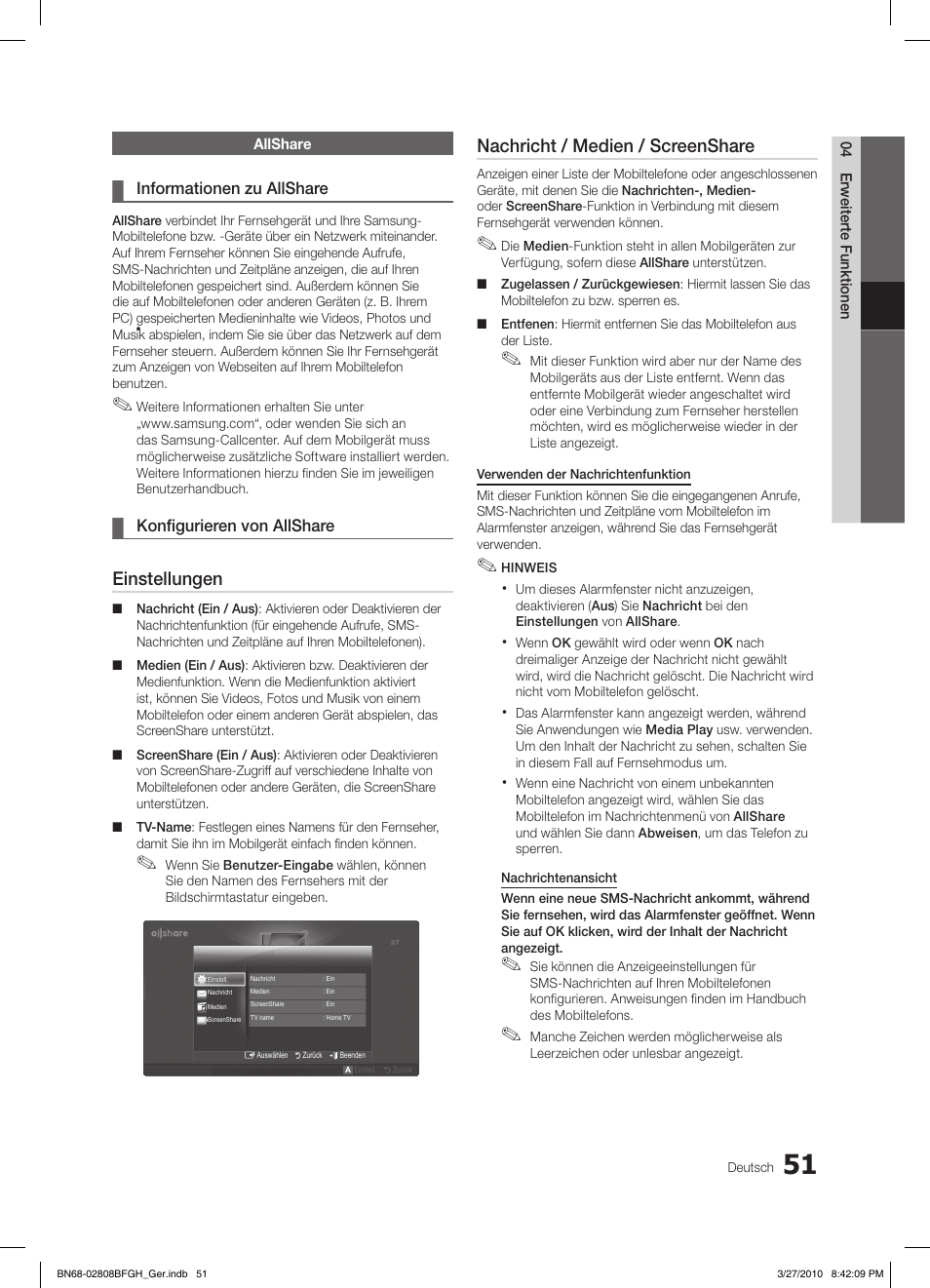 Einstellungen, Nachricht / medien / screenshare | Samsung LE40C750R2W User Manual | Page 173 / 245