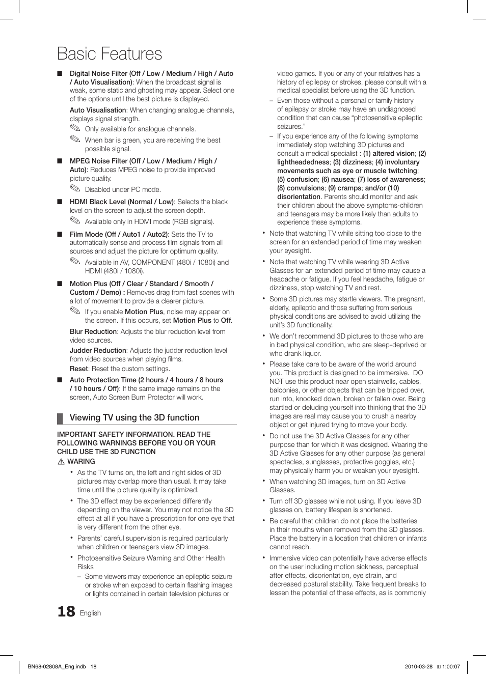 Basic features | Samsung LE40C750R2W User Manual | Page 18 / 245