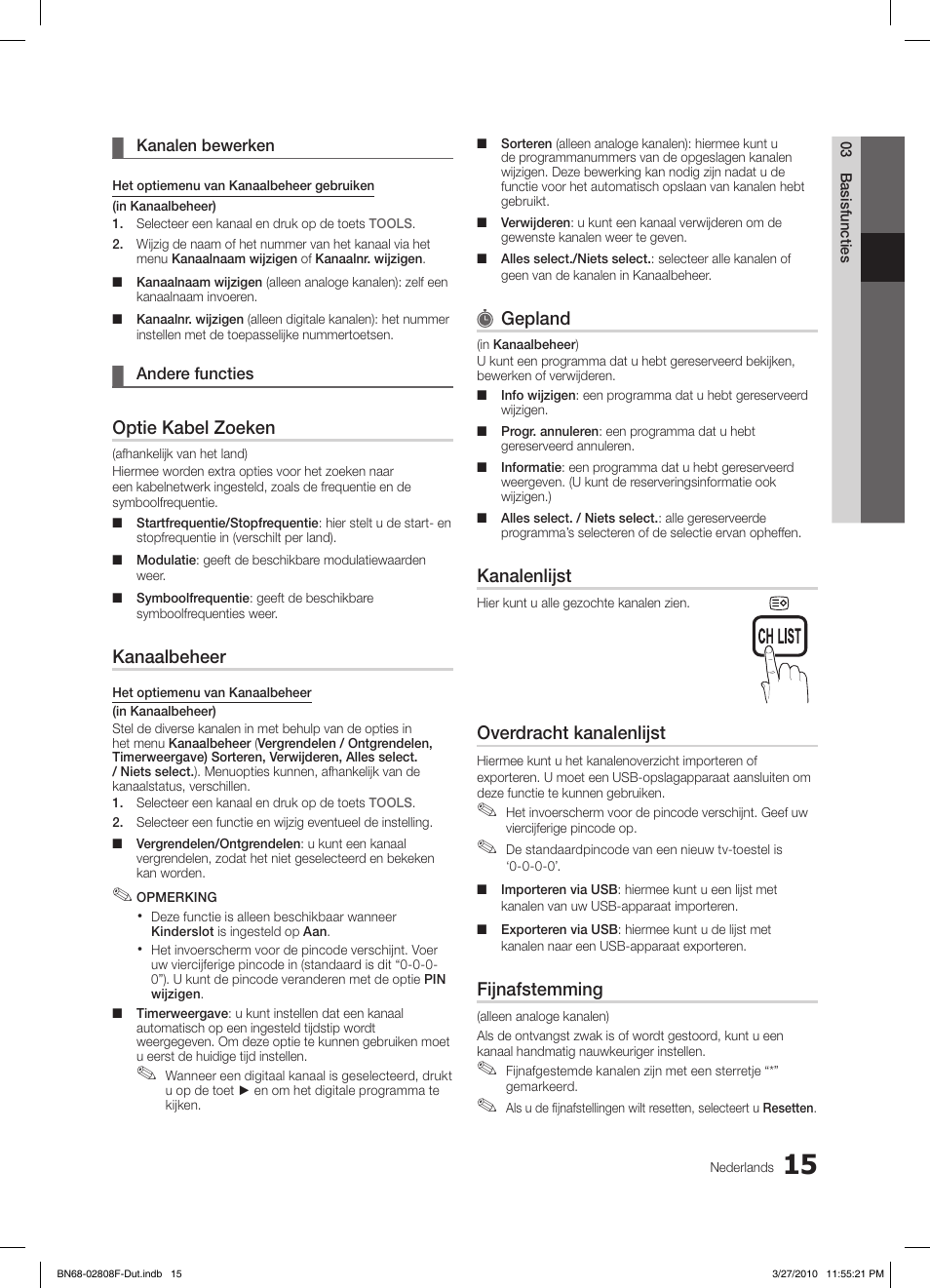 Optie kabel zoeken, Kanaalbeheer, Gepland | Kanalenlijst, Overdracht kanalenlijst, Fijnafstemming | Samsung LE40C750R2W User Manual | Page 198 / 245