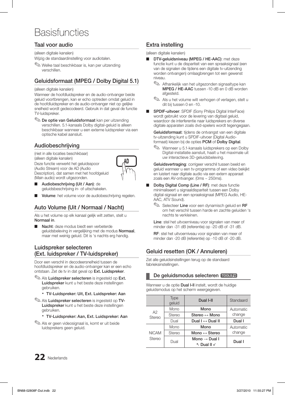 Basisfuncties, Taal voor audio, Geluidsformaat (mpeg / dolby digital 5.1) | Audiobeschrijving, Auto volume (uit / normaal / nacht), Extra instelling, Geluid resetten (ok / annuleren) | Samsung LE40C750R2W User Manual | Page 205 / 245