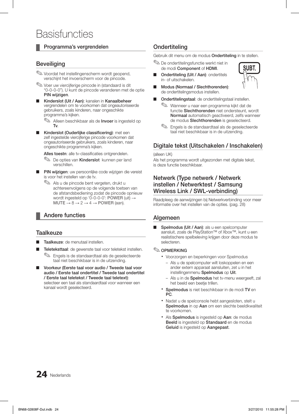 Basisfuncties, Beveiliging, Andere functies ¦ taalkeuze | Ondertiteling, Digitale tekst (uitschakelen / inschakelen), Algemeen | Samsung LE40C750R2W User Manual | Page 207 / 245