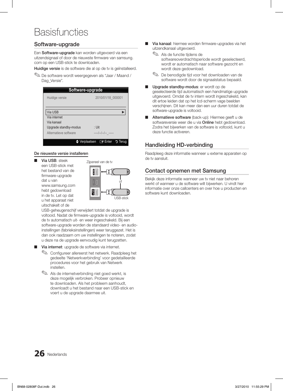 Basisfuncties, Software-upgrade, Handleiding hd-verbinding | Contact opnemen met samsung | Samsung LE40C750R2W User Manual | Page 209 / 245