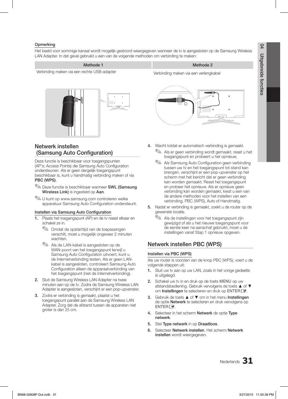 Netwerk instellen (samsung auto configuration), Netwerk instellen pbc (wps) | Samsung LE40C750R2W User Manual | Page 214 / 245