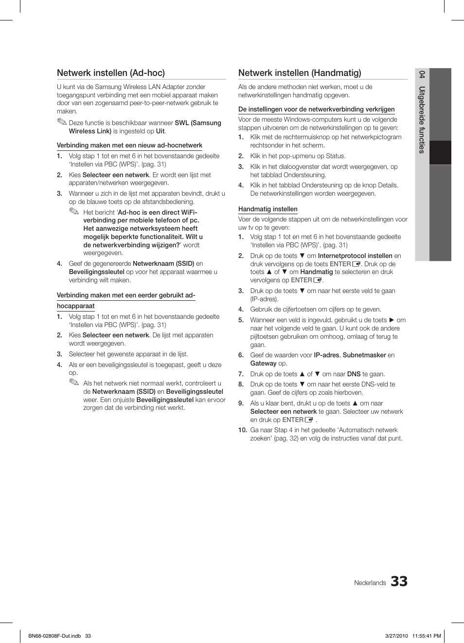 Netwerk instellen (ad-hoc), Netwerk instellen (handmatig) | Samsung LE40C750R2W User Manual | Page 216 / 245