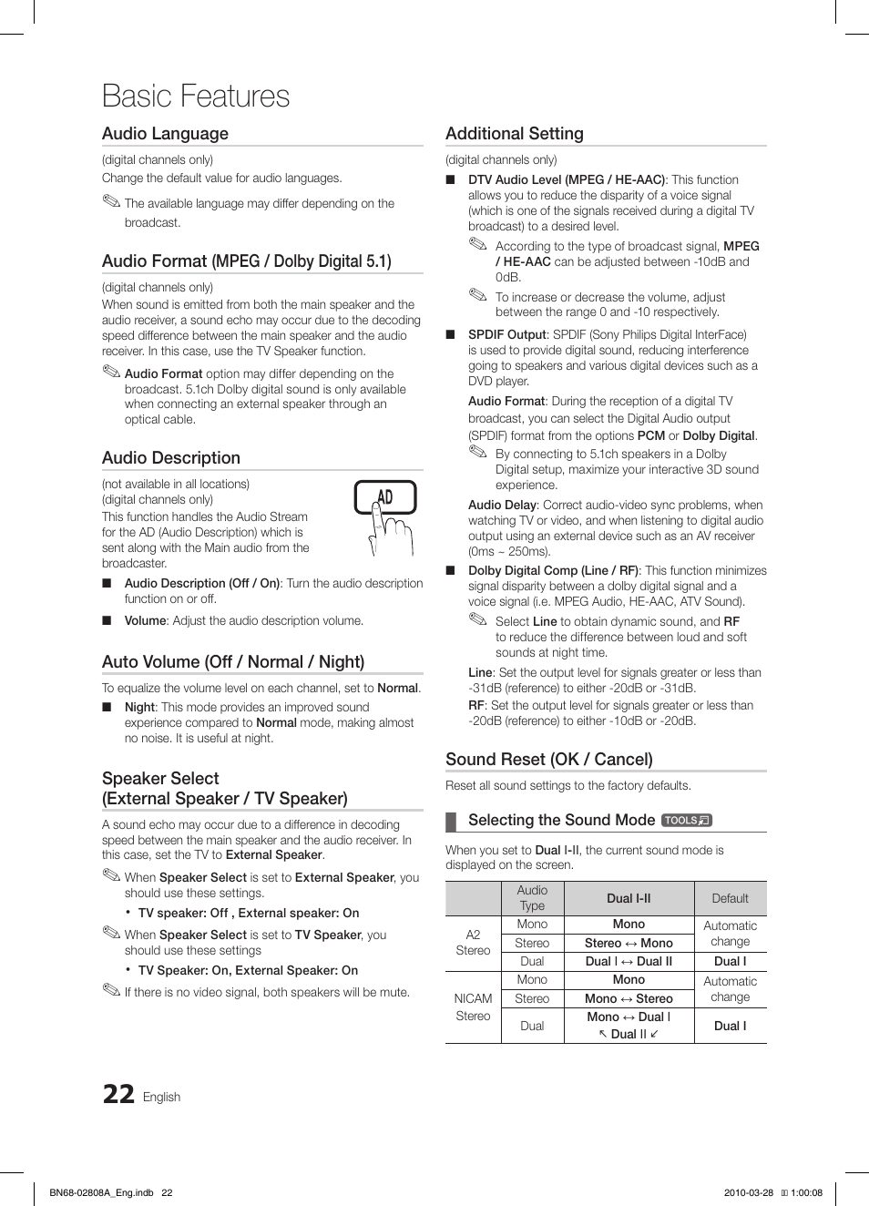 Basic features, Audio language, Audio format (mpeg / dolby digital 5.1) | Audio description, Auto volume (off / normal / night), Speaker select (external speaker / tv speaker), Additional setting, Sound reset (ok / cancel) | Samsung LE40C750R2W User Manual | Page 22 / 245