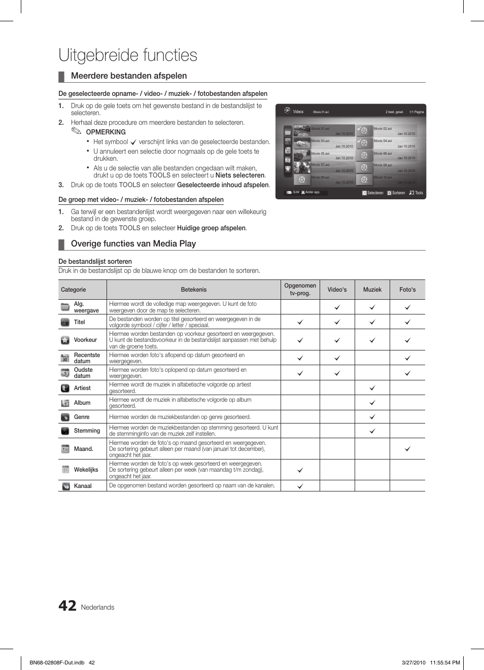 Uitgebreide functies, Meerdere bestanden afspelen, Overige functies van media play | Samsung LE40C750R2W User Manual | Page 225 / 245