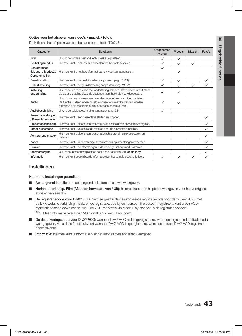 Instellingen | Samsung LE40C750R2W User Manual | Page 226 / 245